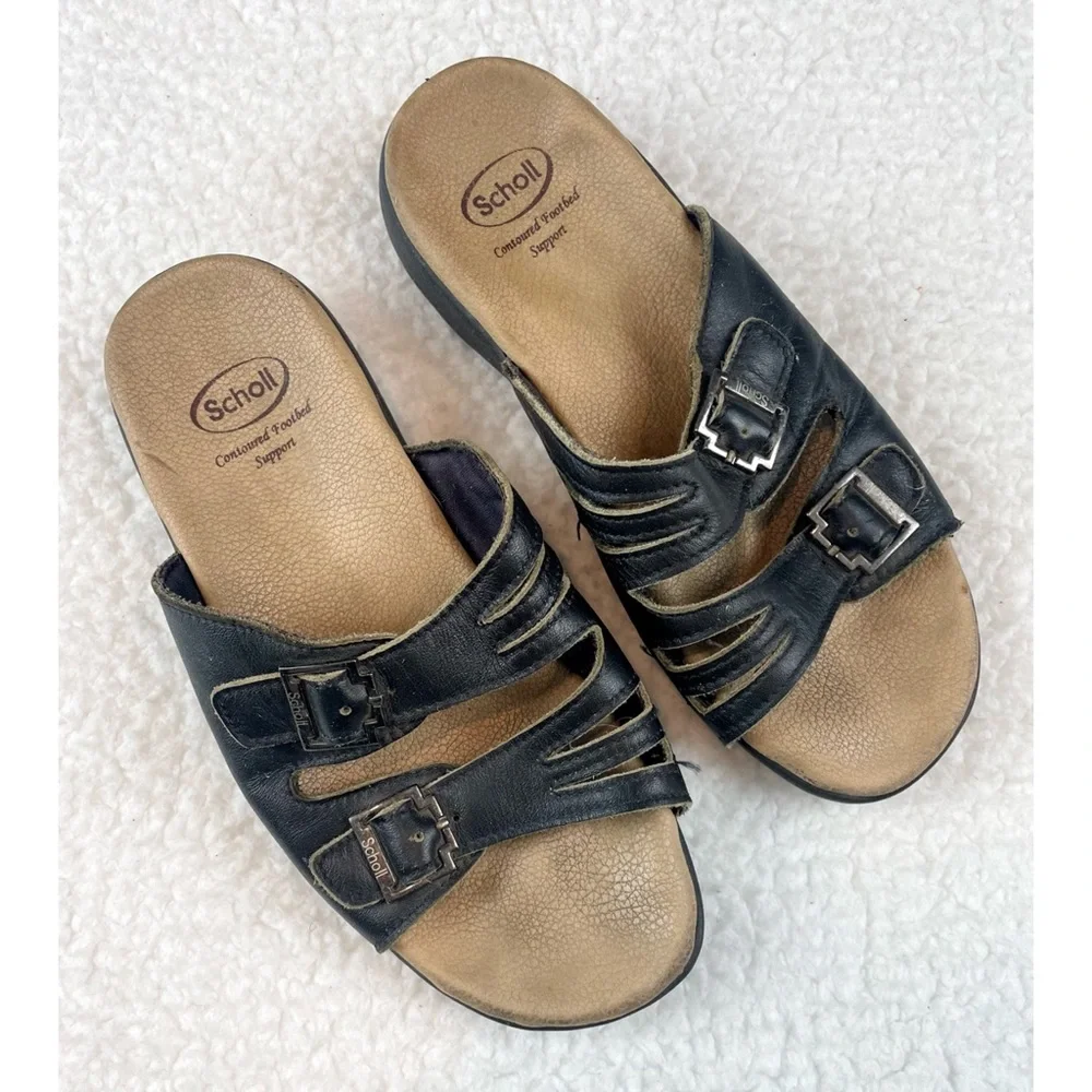DR. SCHOLL’S • Black/Tan Strappy Buckle Slip-On Sandals, 4 - Picture 14 of 14